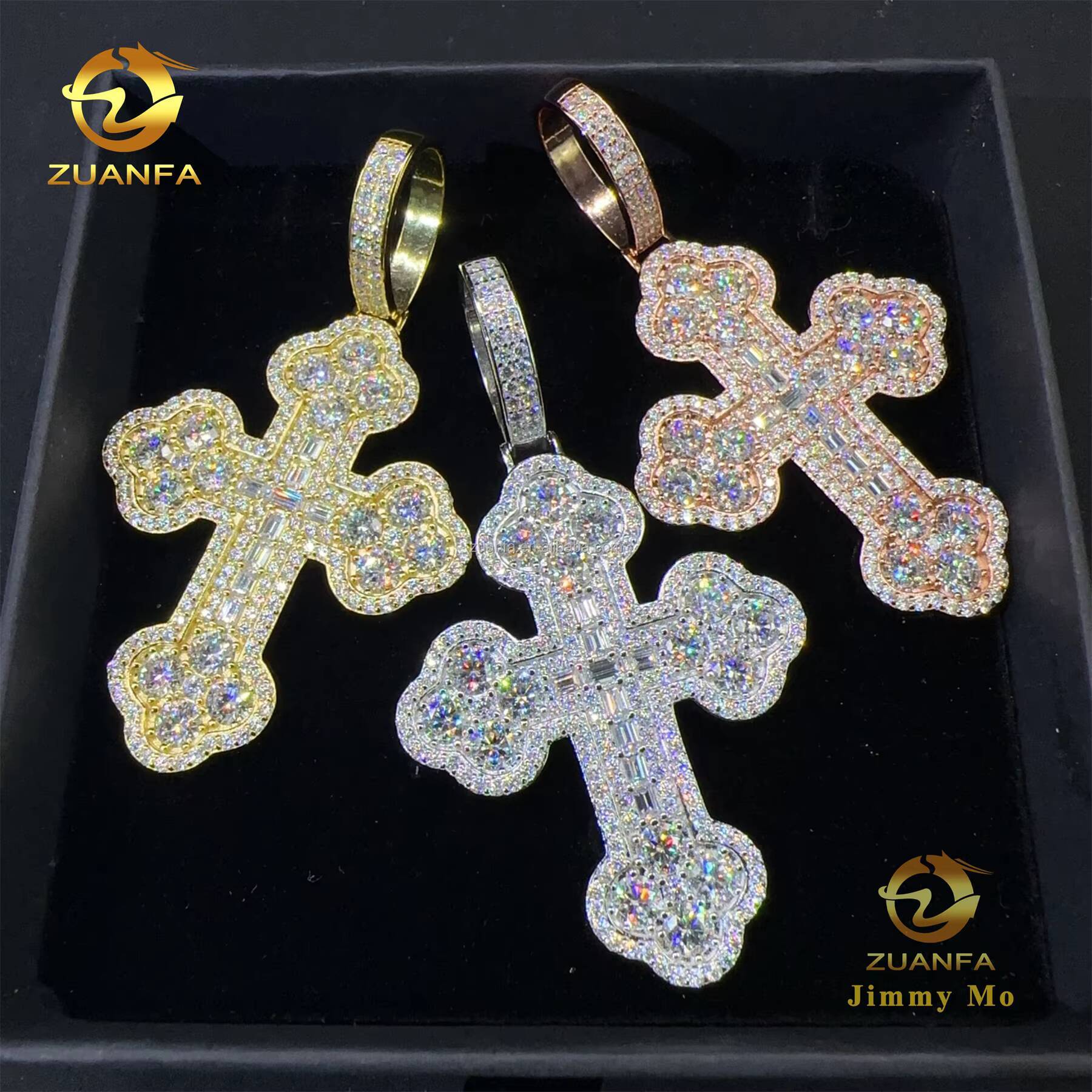 Fire Luxury Jewelry Men Claw Setting Fully Iced Out Hip Hop 925 Silver Baguette Moissanite Diamond Cross Pendant Tennis Chain
