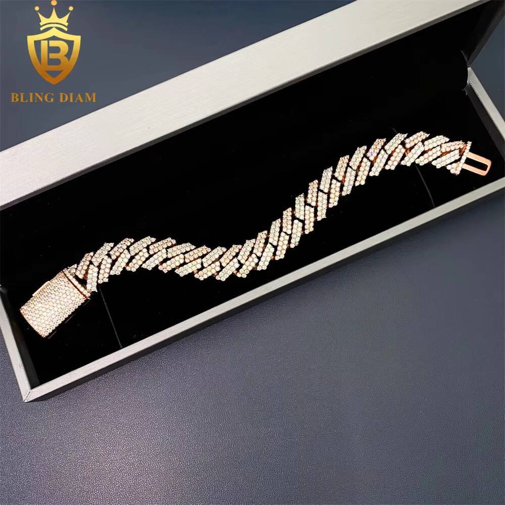 15mm Two Tone Iced Out Hip Hop Jewelry Cuban Link Chain 925 Sterling Silver VVS Moissanite Bracelet Necklace