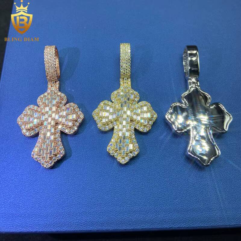 Hot Saling HipHop Style VVS Moissanite Pendant Men Rapper 925 Silver Pendant Cross Pendant Baguette Cut Moissanite Pendant GRA