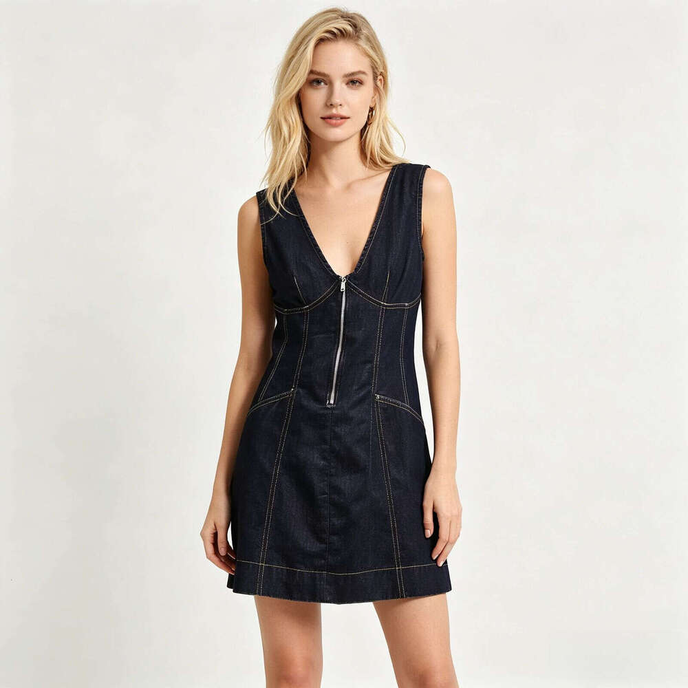 New summer designer retro k30 casual style zipper FC V-neck design backless patchwork denim sleeveless women's dress