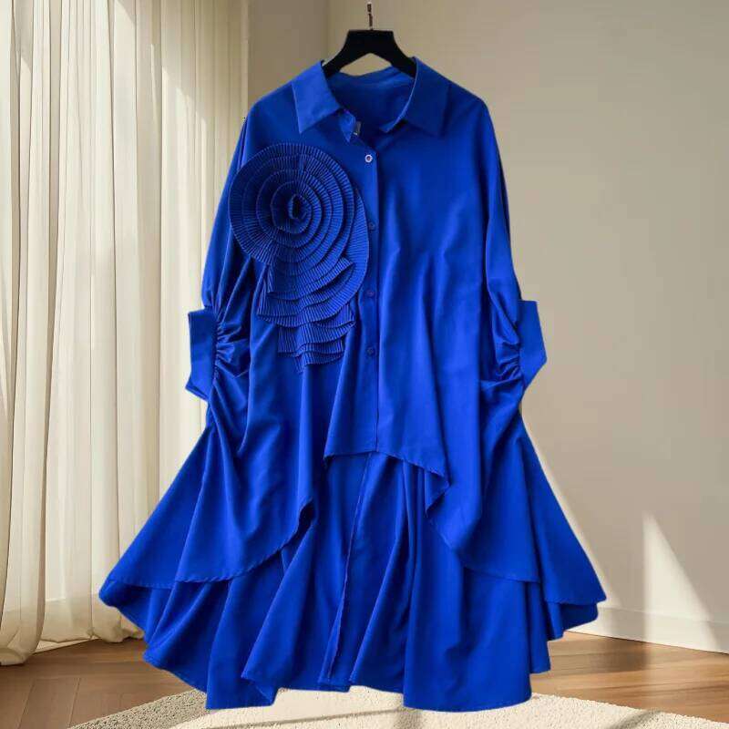 New European Clothes Loose Blouse Chic Turndown Collar Irregular Three dimensional flowers Women Batwing Sleeve Tops MAKOUFEI