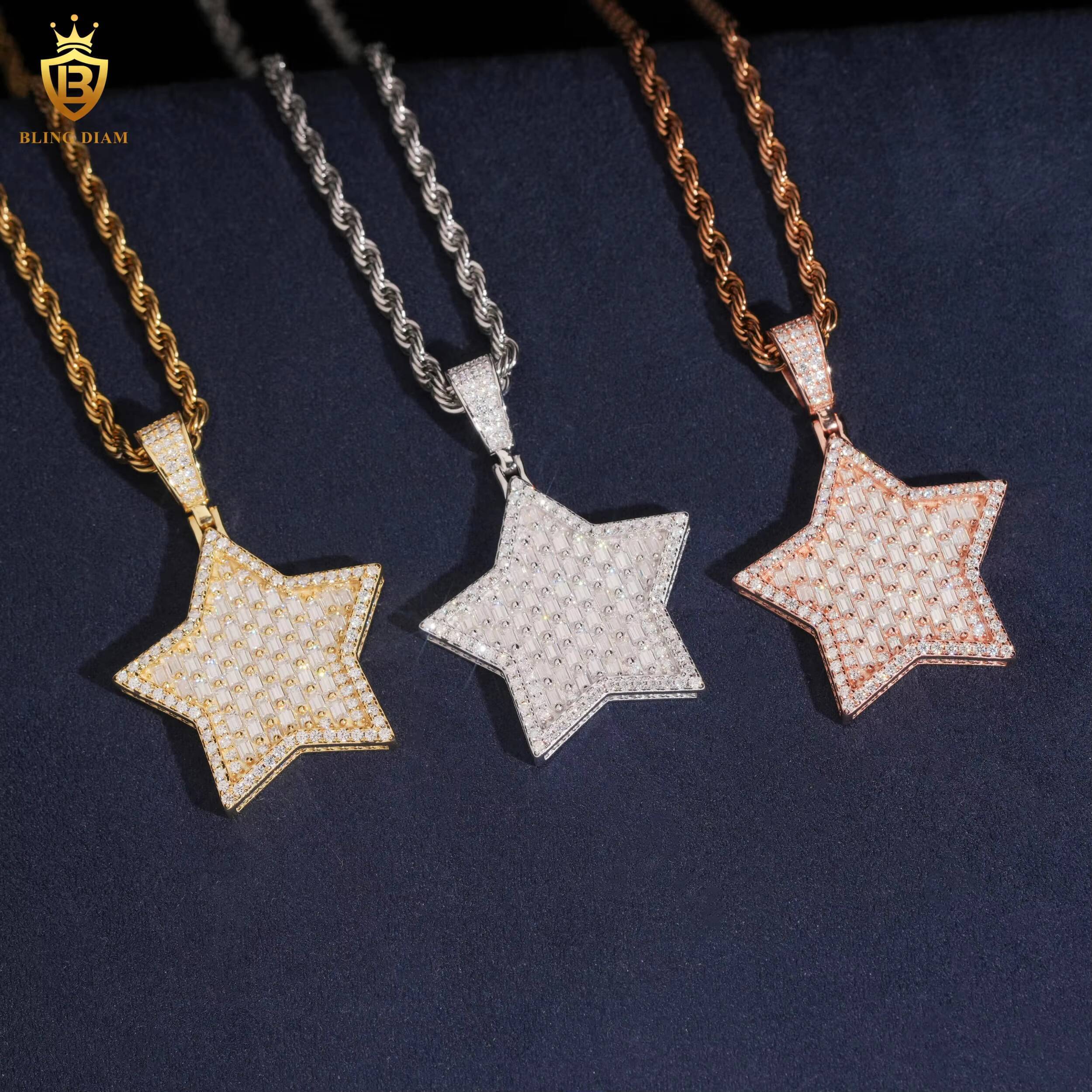 Custom Pendant Charms 925 Silver Star D VVS Baguette Cut Moissanite Pendant Pass Diamond Tester Moissanite Pendant Hip Hop