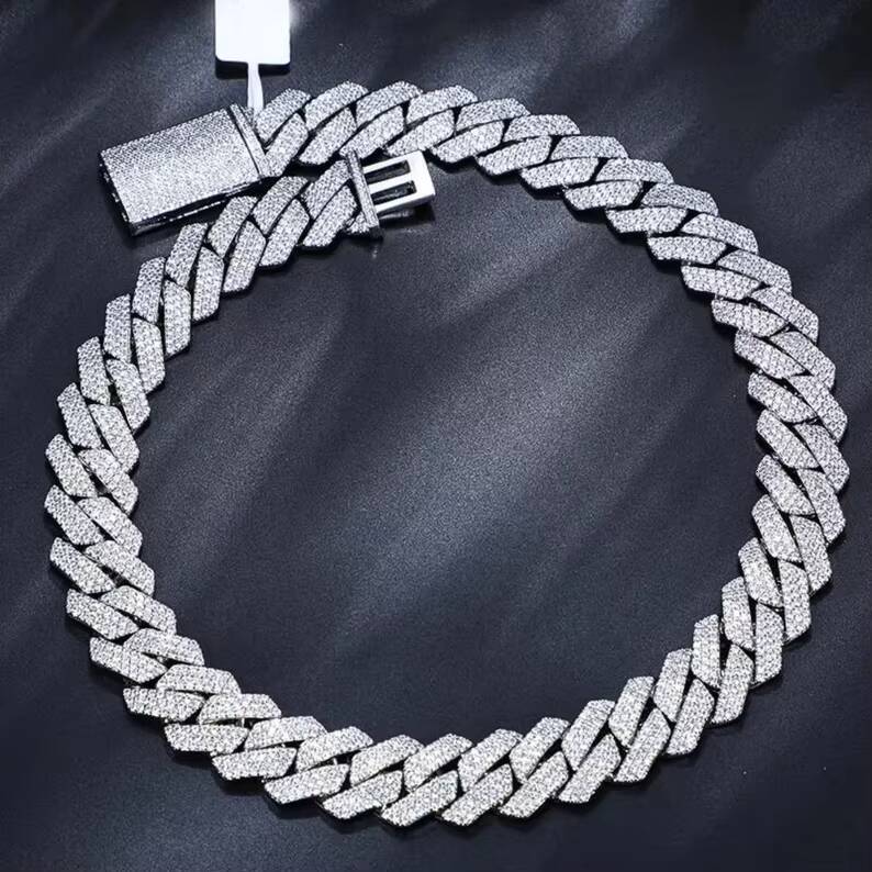 Hiphop Jewelry Moissanite Cuban Chain 18mm 925 Silver Iced Out 3 Rows Moissanite Cuban Link Chain