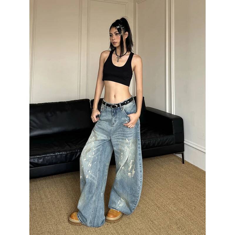 YIBASHU Summer Women Blue Y2k Jeans Harajuku Baggy Denim Trousers Japanese 2000s Style Vintage Jean Long Pants Oversize Clothes dongdumaoyi