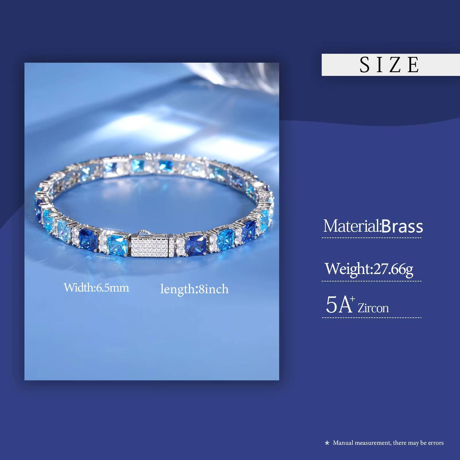 Party Gift Hip Hop Fine Jewelry 65mm Full Pave Gradient Gemstone AAAAA Blue Cz Cluster Fashion Tennis Bracelet