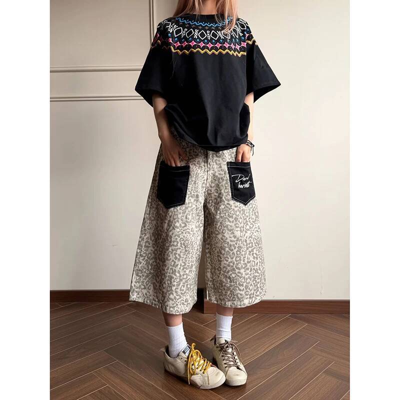 Women Leopard Jeans Vintage Harajuku Y2k Baggy Calf Length Jean Pants Japanese 2000s Style Oversize Grunge Denim Clothes dongdumaoyi