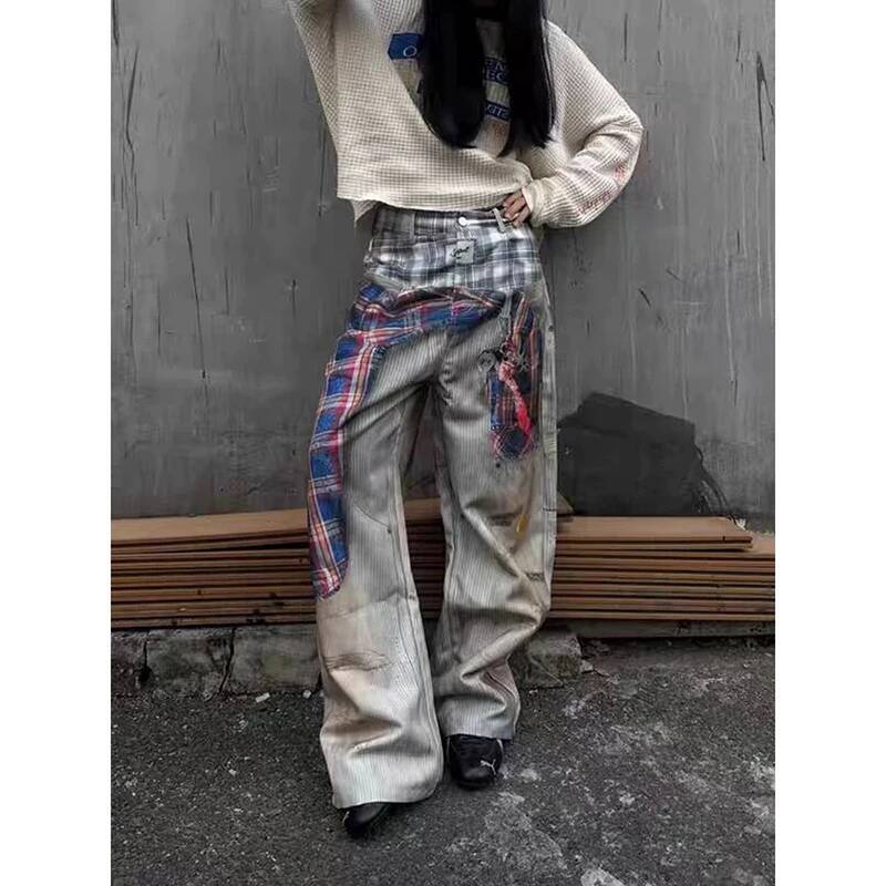 YIBASHU Women Y2k Baggy 3D Print Harajuku Vintage Denim Trousers Japanese 2000s Style Oversize Hip Hop Jeans Pants Clothes dongdumaoyi