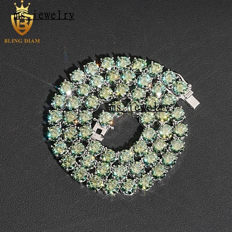 65mm Hip Hop Jewelry Iced Out 925 Sterling Silver Blue Green Vvs Moissanite-Tennis-Chain Bracelet Necklace
