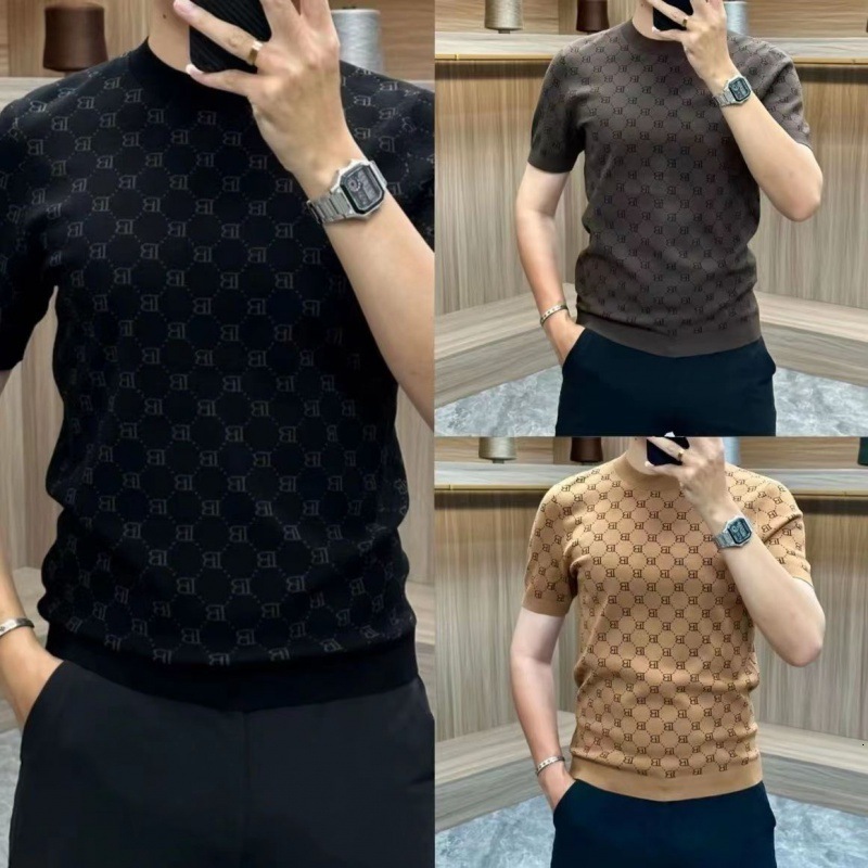Designer Short Sleeved T-shirt Summer Fashion Slim Fit Ice Silk Knit Shirt Half Cut Sleeves Trendy Men's Round Neck Handsome Luxury Top
