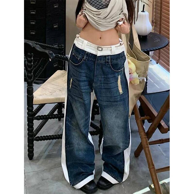 Women Blue Goth Y2k Baggy Harajuku Vintage Denim Trousers Japanese 2000s Style Grunge Bent Knife Jeans Pants Clothes 2025 dongdumaoyi