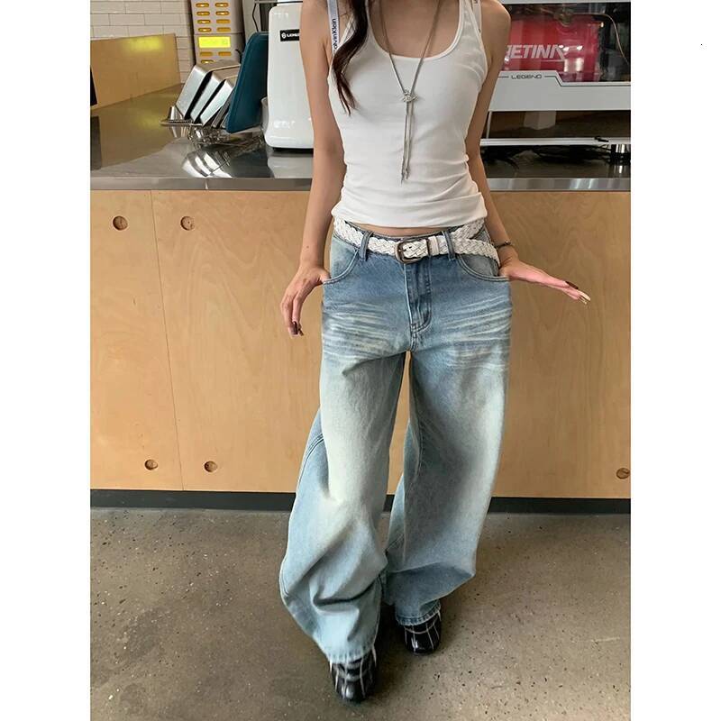 YIBASHU Women Baggy Jean American Retro Denim Blue Pants Y2k Design High Street Wide Fit Cowboy Japanese Harajuku Long Trousers dongdumaoyi
