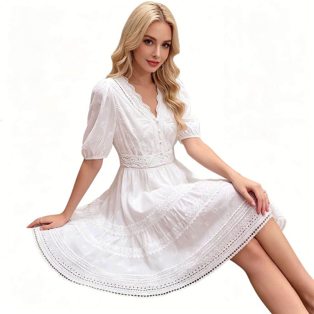 Designer's high-end women's summer FC k30 new FC style French lace embroidery hollow A-line waist V-neck white dress