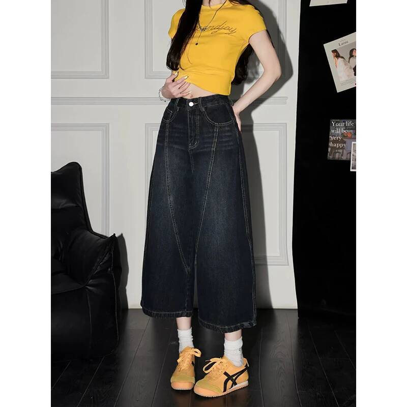 YIBASHU Summer Women American Retro Jorts Jean Denim Shorts Kpop Coquette Y2K 2000s Japanese Harajuku Calf-Length Pants dongdumaoyi