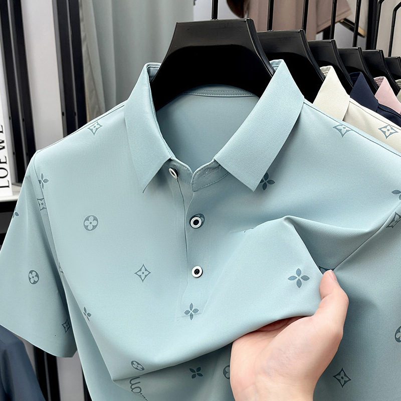 Designer Mens Ice Silk Polo Shirt Luxury Geometric Print Short Sleeve Casual Business Summer Breathable Tops