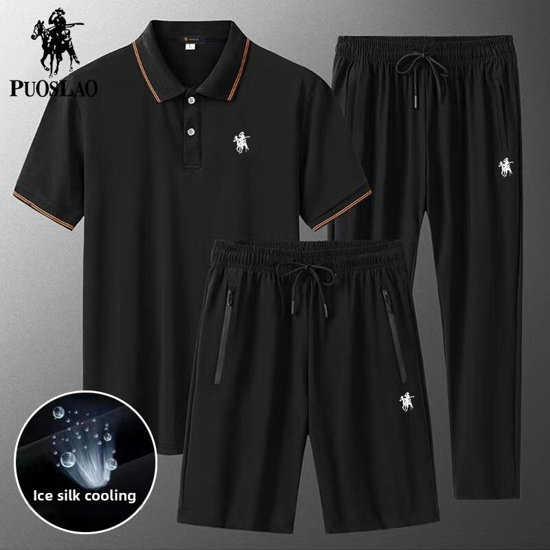 New Summer Designer Polo Shirt Fashion Set For Men Ice Silk Casual Sports Collar Short Sleeved T-shirt Dad Outfit Three Piece Set Loose Business Plus 
