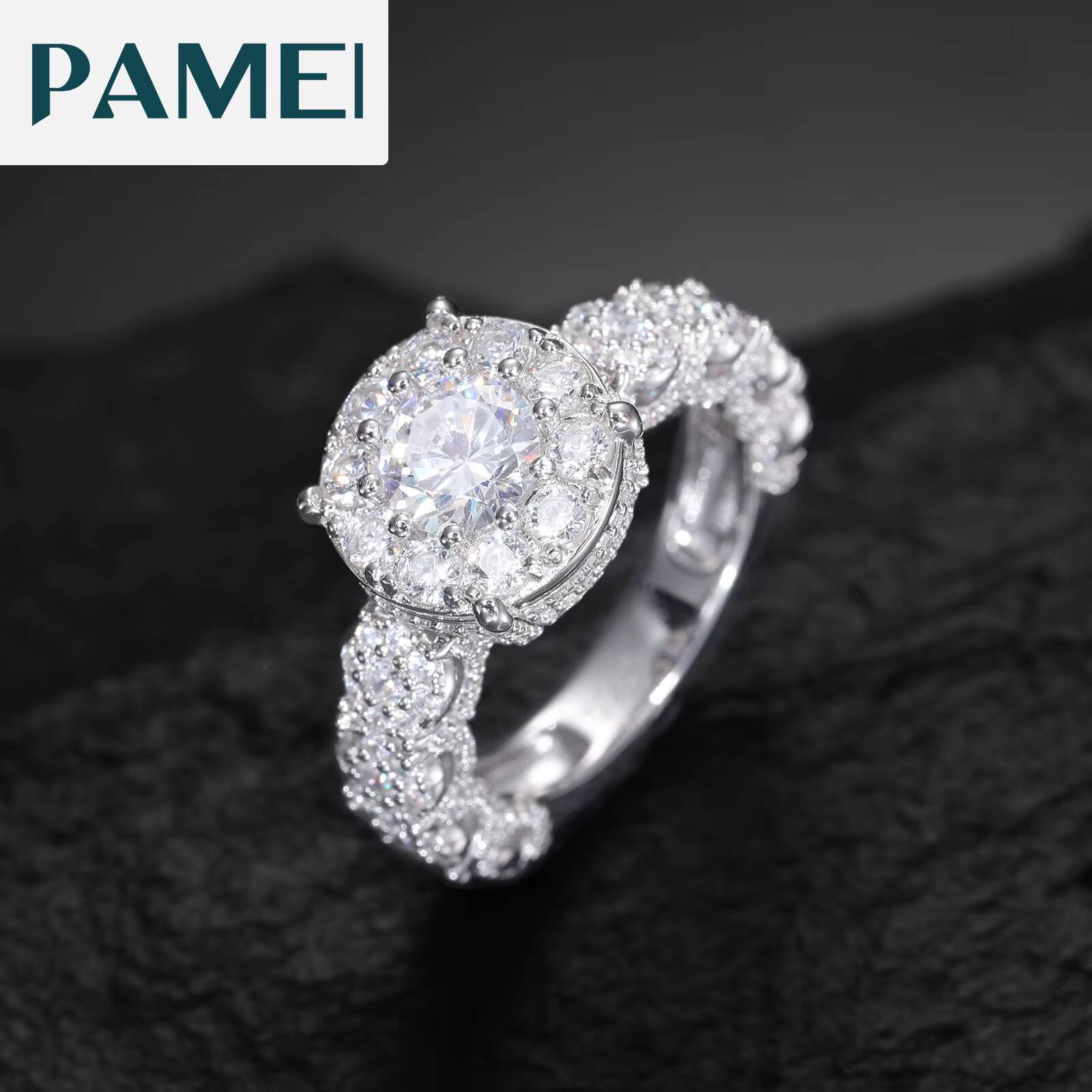 Luxury Wedding Jewelry White Gold 925 Sterling Silver VVS Moissanite Diamond Iced Out Halo Engagement Ring for Women