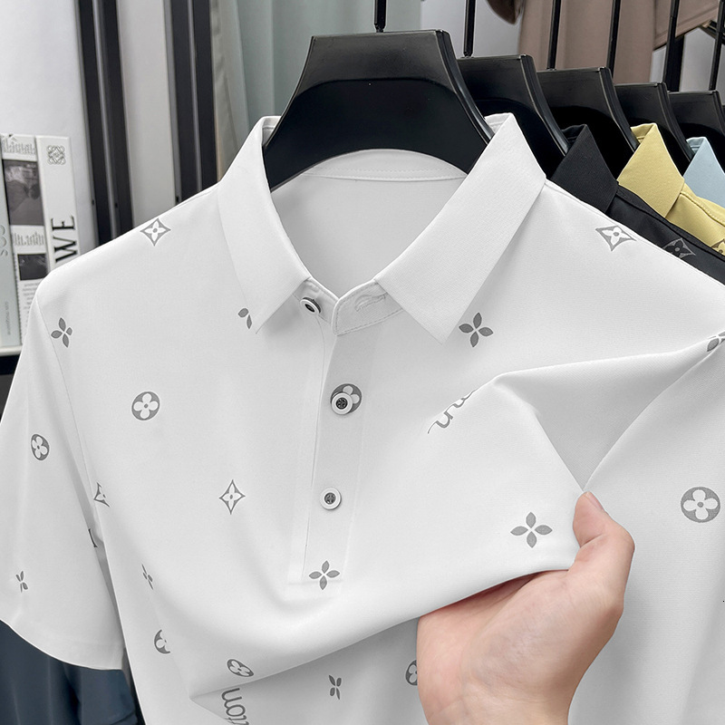 Designer Mens Ice Silk Polo Shirt Luxury Geometric Print Short Sleeve Casual Business Summer Breathable Tops