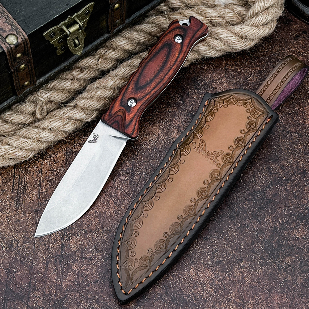 BM 15002 Survival Hunting Knife 9Cr13Mov Steel Fixed Blade with Wooden Handle Outdoor Camping Tool and Sheath EDC Equipment