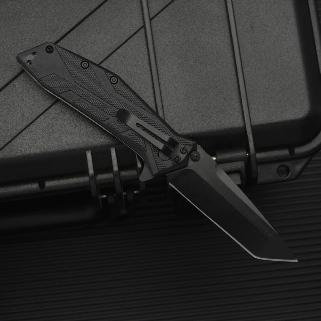 KS 1990 Black Folding Knife with 8Cr13Mov Blade and Nylon Fiber Handle - Essential Emergency Tool for Outdoor Hiking Travels
