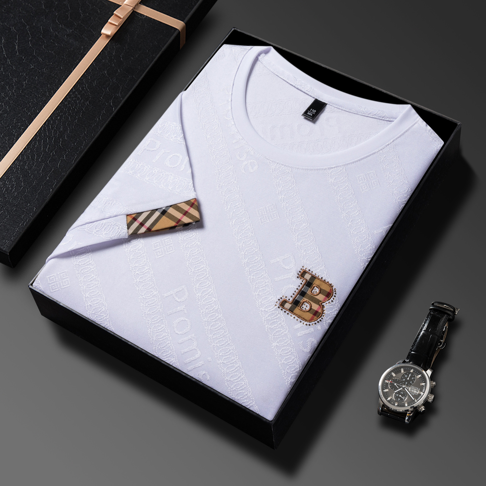 2026 Summer New Ice Silk Short Sleeve Male Designer T-shirt Trendy Brand Casual Fashion Loose Jacquard Round Neck Middle Aged Men's T-shirt