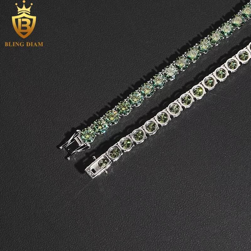 65mm Hip Hop Jewelry Iced Out 925 Sterling Silver Blue Green Vvs Moissanite-Tennis-Chain Bracelet Necklace