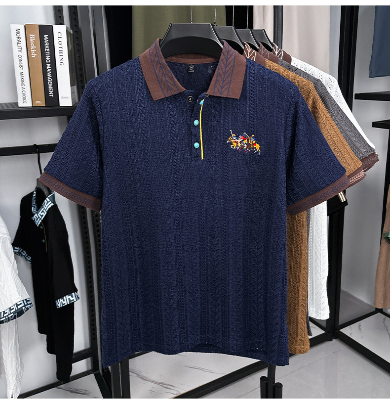 New Designer Short Sleeved T-shirt Men's Summer And Autumn Knitted Sweater Embroidered Pattern Color Blocked Jacquard Top For Business Travel And