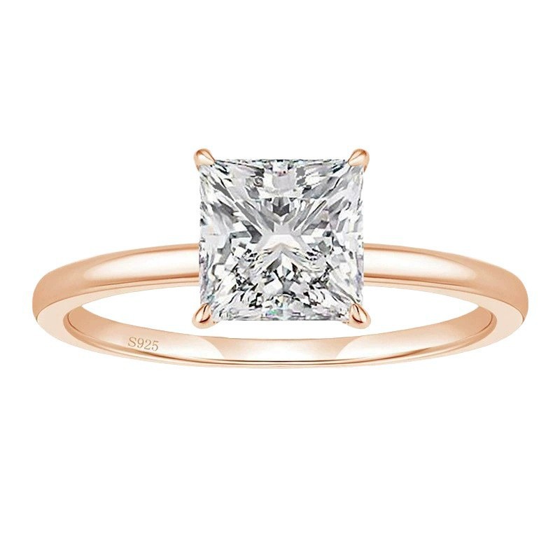 Rulalei Classical 4 Claw Simple Fashion Jewelry Genuine 925 Sterling Silver Princess Cut Solitaire High Carbon Diamond Cocktail Party Eternity Women B