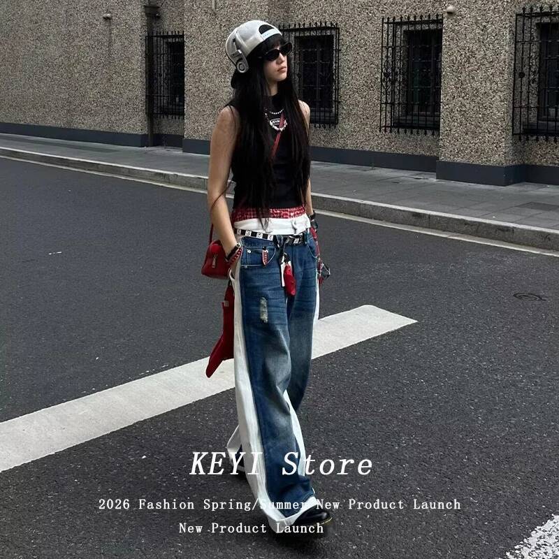 Women Blue Y2k Star Graffiti Harajuku 90s Vintage Denim Trousers Japanese 2000s Style Baggy Boyfriend Jeans Pants Clothes dongdumaoyi