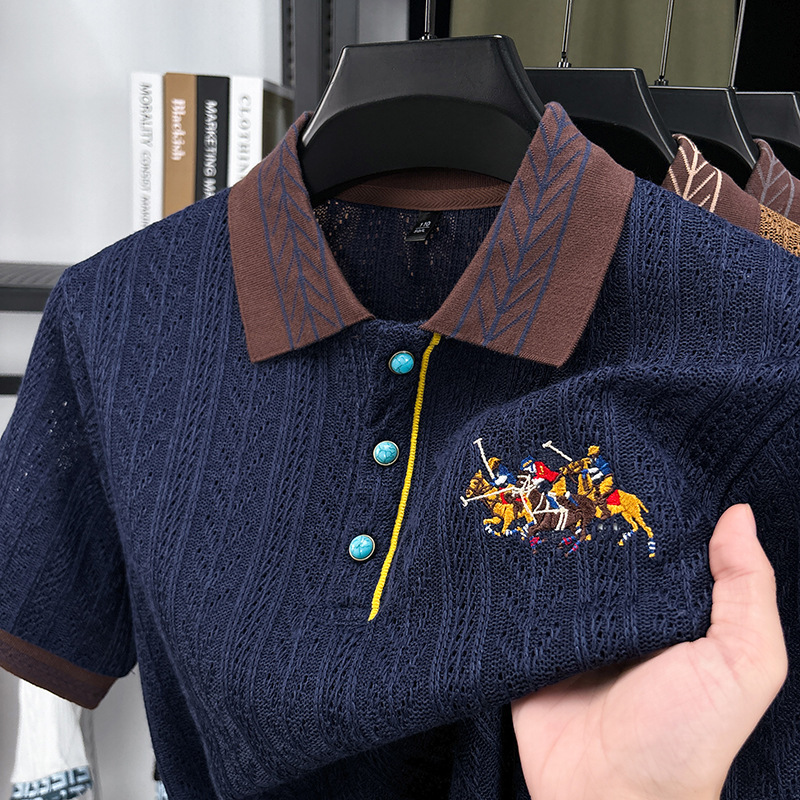 New Designer Short Sleeved T-shirt Men's Summer And Autumn Knitted Sweater Embroidered Pattern Color Blocked Jacquard Top For Business Travel And