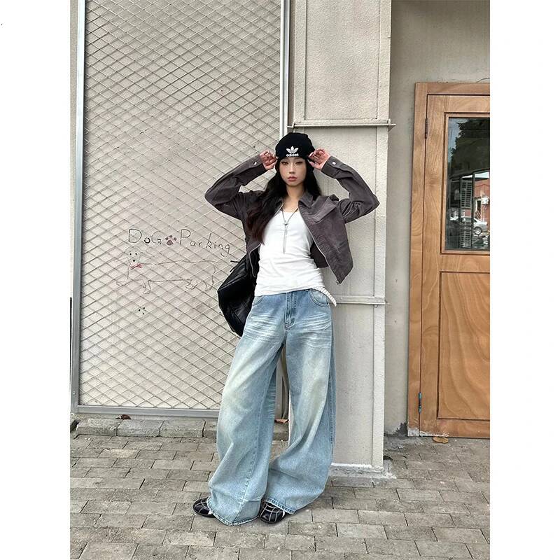 YIBASHU Women Baggy Jean American Retro Denim Blue Pants Y2k Design High Street Wide Fit Cowboy Japanese Harajuku Long Trousers dongdumaoyi