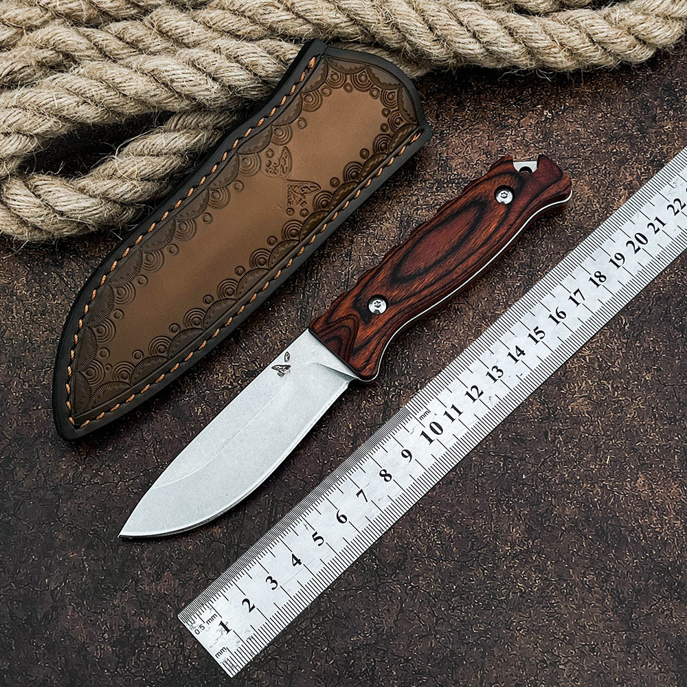 BM 15002 Survival Hunting Knife 9Cr13Mov Steel Fixed Blade with Wooden Handle Outdoor Camping Tool and Sheath EDC Equipment