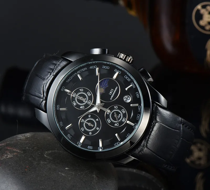 New Men's wristwatch with six black hour hands on a black dial quartz movement top-of-the-line luxurious style leather strap fashionable