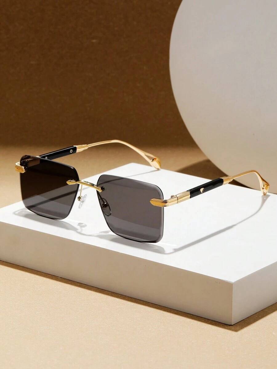1 Pair of Rimless Sunglasses Men/Women, Thick CNC-Cut Crystal Lenses, Shielded Temple Design, Adjustable Nose Pad, Black Color, Suitable Travel, Vacat
