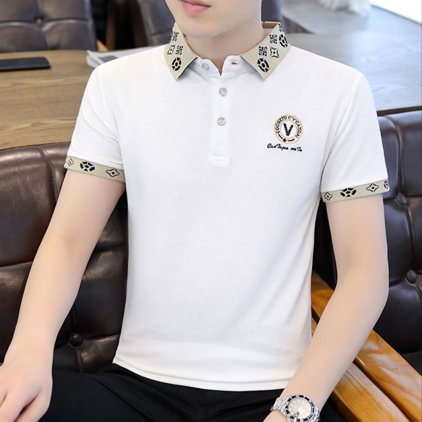Hardworking Fashion Summer Polo Shirt Striped Mens Designer Short Sleeve T-shirt Ice Silk Flip Collar Slim Half Sleeve Top Comfortable and Breathable