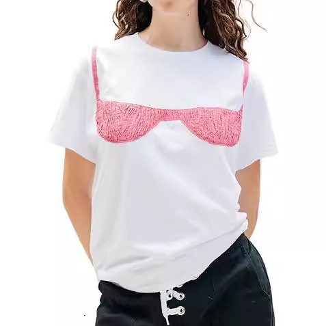 Women Y2k Smocked T-Shirt Bikini Bra Graphic Print Short Sleeve Oversized Tee Crewneck Aesthetic White Tee Top 250118