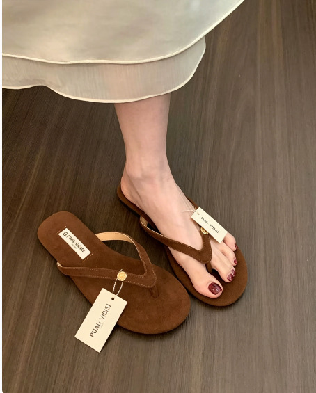 Women Brown Suede Gold Flower Decor Flip Flops, Casual Flat Sole Thong Slippers Summer Outdoor Beach Slide Sandals