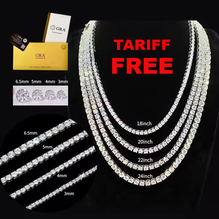 Iced Out Moissanite Chain Pass Diamond Test VVS Miossanite Jewelry 3mm 4mm 5mm 6mm 925 Sterling Silver Moissanite Tennis Chain