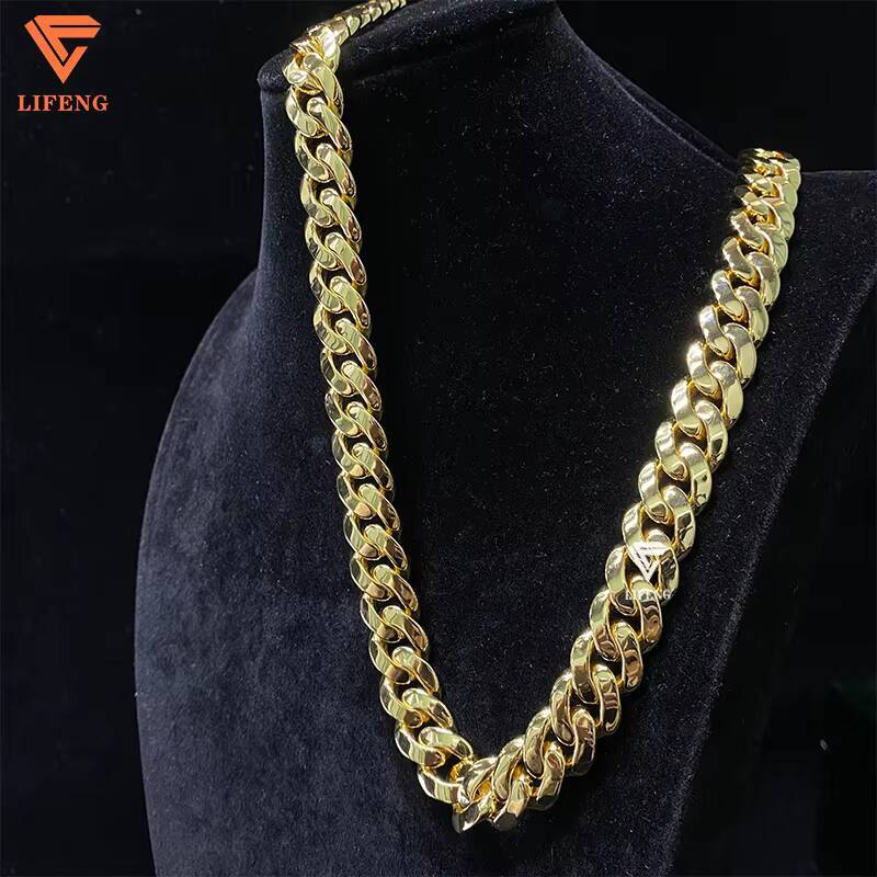 Wholesale Miami Cuban Link 14mm Gold Cuban Link Chain Men Hiphop Plain Chain 925 Sterling Silver Necklace