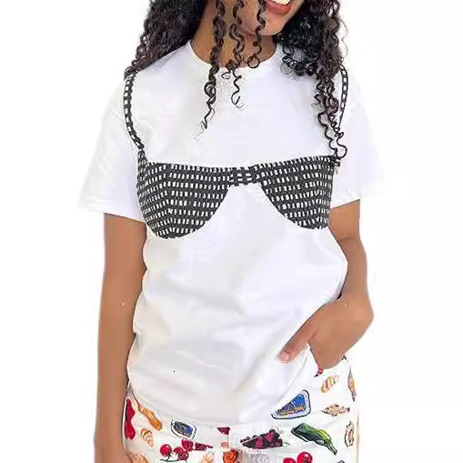 Women Y2k Smocked T-Shirt Bikini Bra Graphic Print Short Sleeve Oversized Tee Crewneck Aesthetic White Tee Top 250118