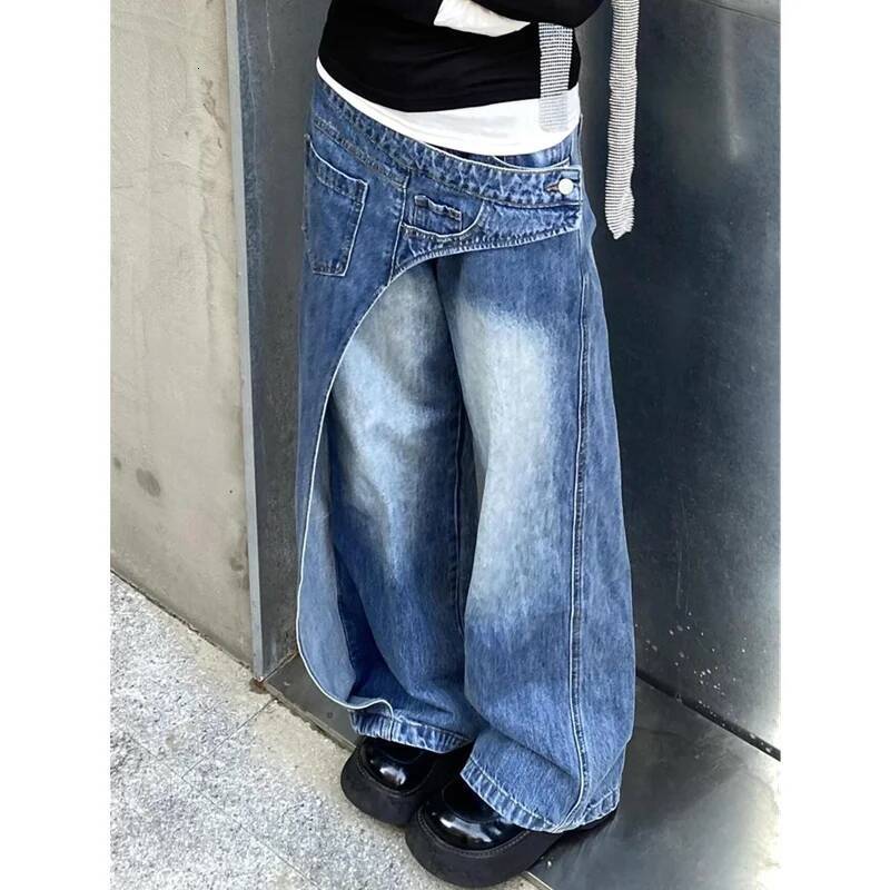 2024 Autumn Women's Casual Style Jeans Vintage Aesthetic Harajuku Loose Washed Pants Blue Wide Leg Punk Baggy Denim Trouser dongdumaoyi