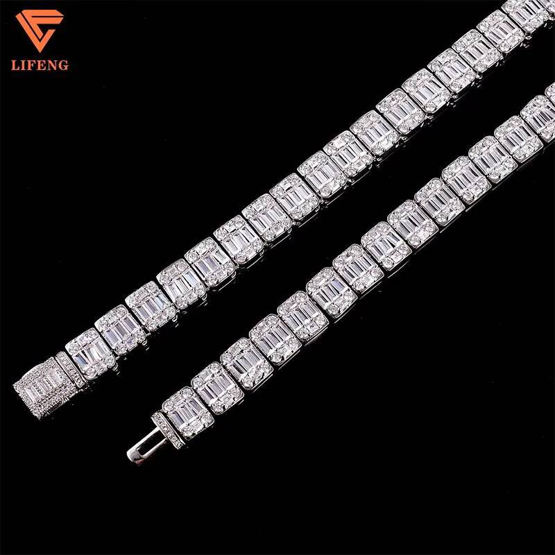 18K Gold Plated 925 Sterling Silver Fashion Tennis Chain Necklace With Emerald Baguette Cut VVS Moissanite Diamond for Men Women