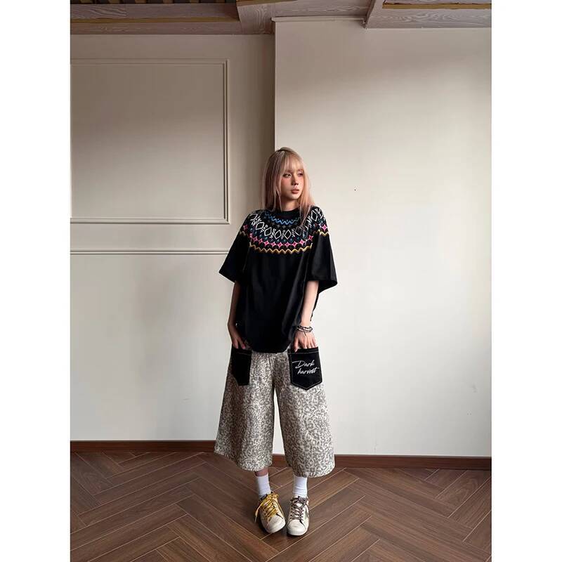 Women Leopard Jeans Vintage Harajuku Y2k Baggy Calf Length Jean Pants Japanese 2000s Style Oversize Grunge Denim Clothes dongdumaoyi