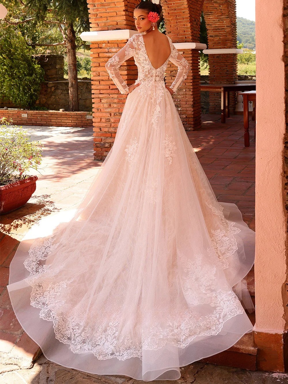Vintage Lace Wedding Dress Vestidos De Novia Custom V-Neck Long Sleeve-