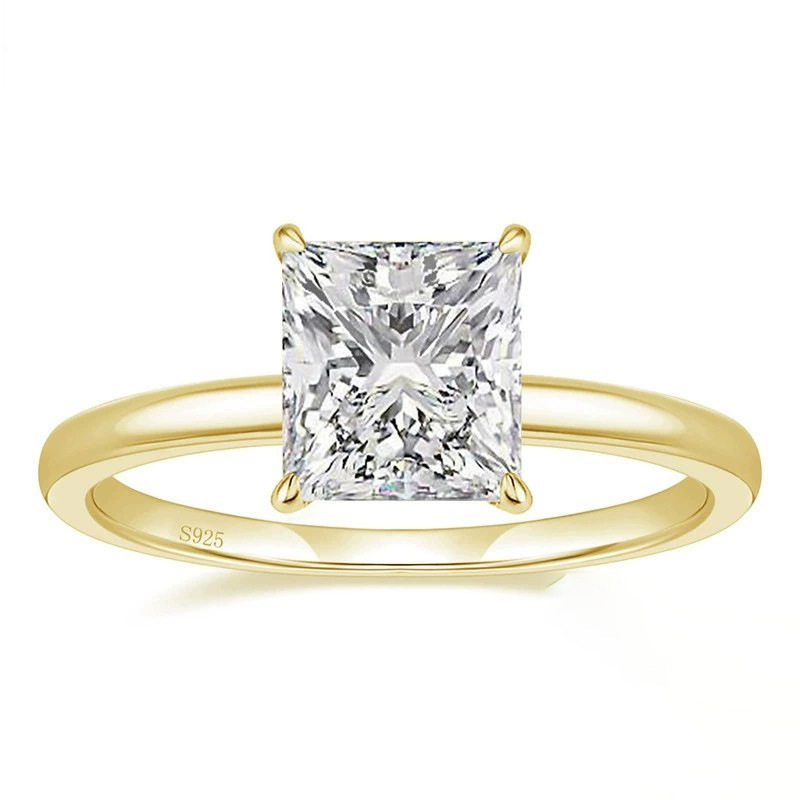 Rulalei Classical 4 Claw Simple Fashion Jewelry Genuine 925 Sterling Silver Princess Cut Solitaire High Carbon Diamond Cocktail Party Eternity Women B