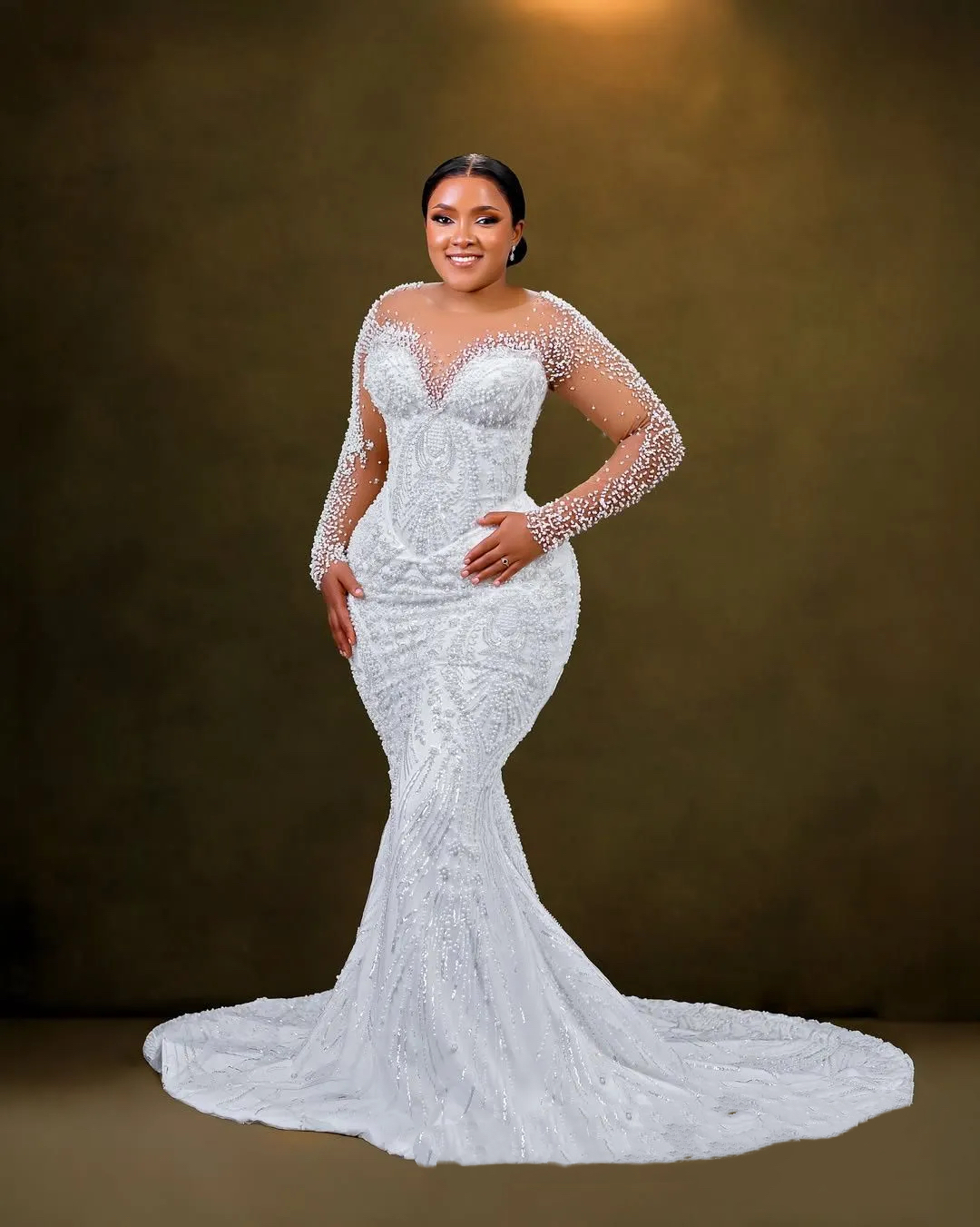 2026 Aso Ebi Plus Size Ivory Mermaid Wedding Dress Sheer Neck Beaded Pearls Sequined Full Sleeves Bridal Gowns Dresses robe de mariee ZHJ045