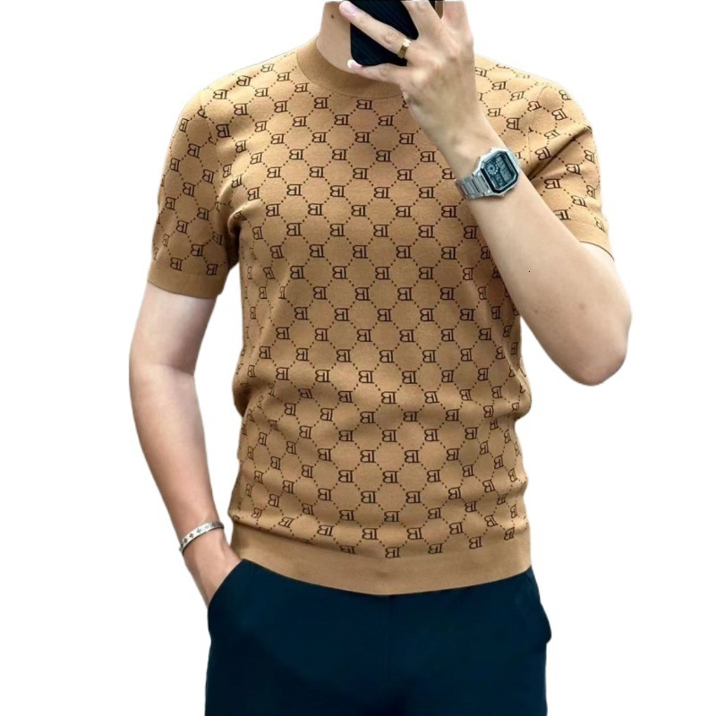 Designer Short Sleeved T-shirt Summer Fashion Slim Fit Ice Silk Knit Shirt Half Cut Sleeves Trendy Men's Round Neck Handsome Luxury Top