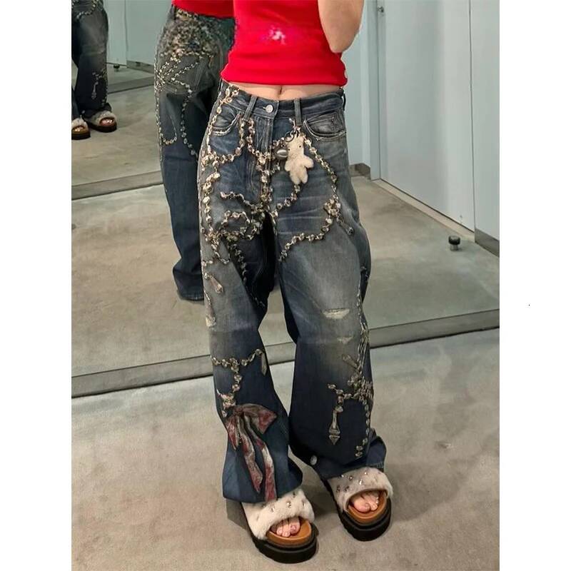Women's Denim Pants 2025 Autumn Winter Tie Dye Harajuku Y2K Japanese Baggy Grunge Wide Fit Goblin Core Vintage Blue Jeans dongdumaoyi