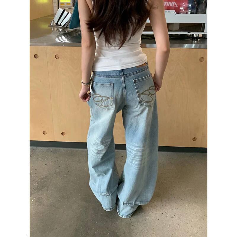 YIBASHU Women Baggy Jean American Retro Denim Blue Pants Y2k Design High Street Wide Fit Cowboy Japanese Harajuku Long Trousers dongdumaoyi