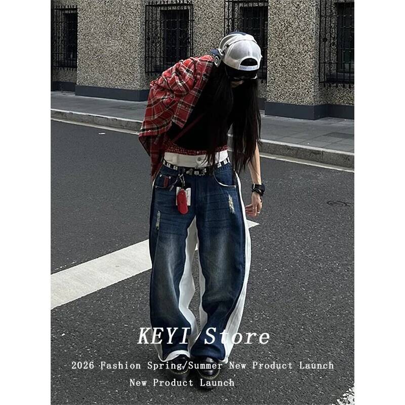 Women Blue Y2k Star Graffiti Harajuku 90s Vintage Denim Trousers Japanese 2000s Style Baggy Boyfriend Jeans Pants Clothes dongdumaoyi