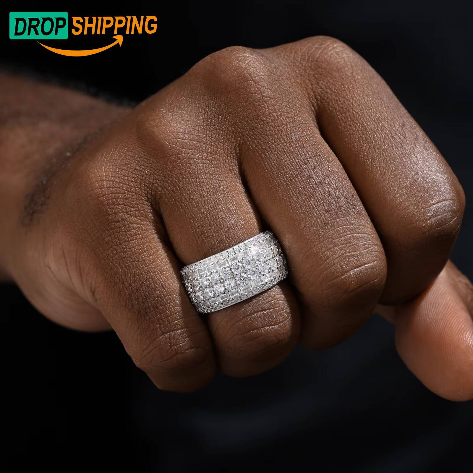 Luxury Wedding Engagement Gift 925 Sterling Silver Micro Paved 6 Rows VVS Moissanite Diamond Finger Ring for Men